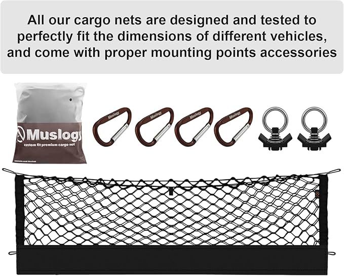 Muslogy Truck Bed Cargo Net Trunk Netting Compatible with 2015+ Ford F150 & 2017+ F250/F350/F450 (Snap-in Tie Down) Accessories, Pickup Cargo Organizer SUV Sedan Storage Net w/Heavy Duty Carabiners