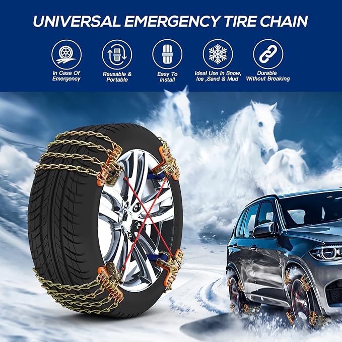 Snow Tire Chains for Car SUV Pickup Trucks, Universal Car Snow Chains, Snow Traction for Tires, Fit for Tire Width 195 205 215 220 225 235 240 245 255 265