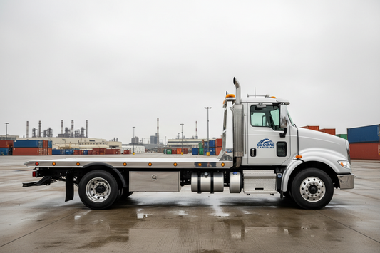 Flatbed truck loaded with construction materials secured with ratchet straps and chains