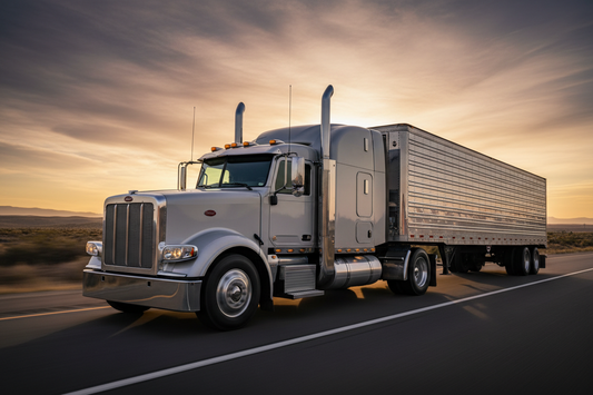 Semi-truck cab interior with ergonomic seat cushion, dash cam, LED lighting, and organized storage