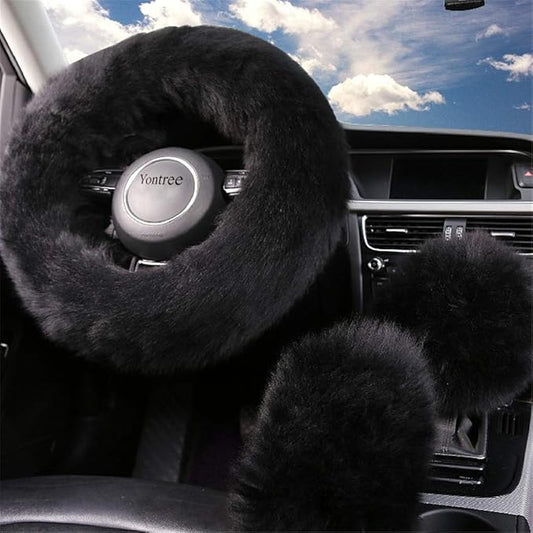 Yontree Fashion Fluffy Steering Wheel Covers for Women/Girls/Ladies/Men Australia Pure Wool Universal 15 Inch 1 Set 3 Pcs (Black)