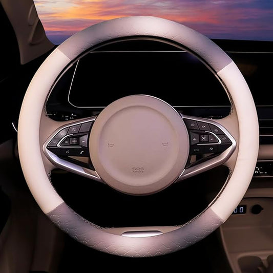 Steering Wheel Cover, Gray White Leather Steering Wheel Cover 14.5-15 Inch Non-Slip Breathable Microfiber Car Steering Wheel Covers for Men Women