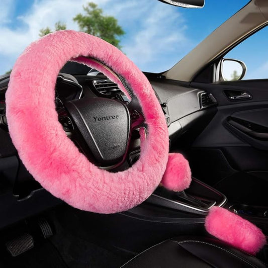 Yontree Fashion Fluffy Steering Wheel Covers for Women/Girls/Ladies Australia Pure Wool 15 Inch1 Set 3 Pcs(Pink)