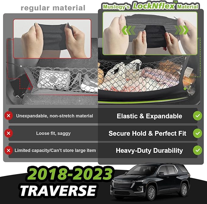Muslogy Truck Bed Cargo Net Trunk Netting Compatible with 2018-2023 Chevy Traverse Accessories, Pickup Cargo Organizer SUV Sedan Storage Net w/Heavy Duty Carabiners