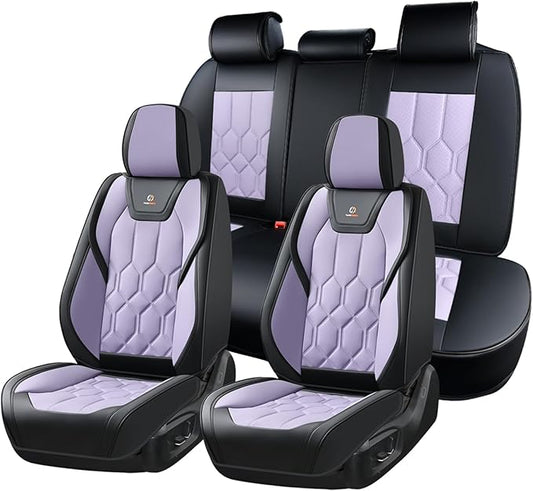 Huidasource Seat Covers Full Set, Universal Fit for Most Cars SUVs Trucks, Full Coverage Leather Seat Cover, Airbag, Cupholder Compatible, Seat Function Retain, Easy Install with Velcro, Black&Purple