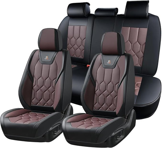 Huidasource Seat Covers Full Set, Universal Fit for Most Cars SUVs Trucks, Full Coverage Leather Seat Cover, Airbag, Cupholder Compatible, Seat Function Retain, Easy Install with Velcro, Black&Coffee
