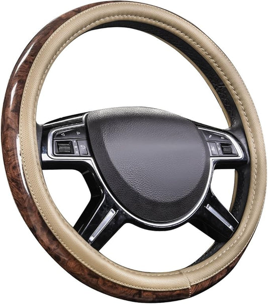 CAR PASS Wood Grain 14.5-15 inch Microfiber Leather Steering Wheel Cover, Anti-Slip Veins Design Steering Wheel Universal Fit for Most Cars, Sedans, SUVs, MiniVans, Small Trusks, Beige