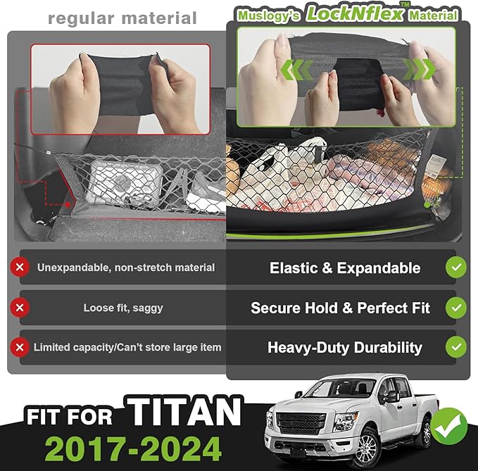 Muslogy Truck Bed Cargo Net Trunk Netting Compatible with Nissan Titan 2017-2025 Accessories, Pickup Cargo Organizer SUV Sedan Storage Net w/Heavy Duty Carabiners