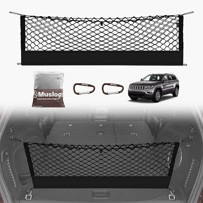 Muslogy Truck Bed Cargo Net Trunk Netting Compatible with 2015-2021 Jeep Grand Cherokee (WK2 ONLY) Accessories, Pickup Cargo Organizer SUV Sedan Storage Net w/Heavy Duty Carabiners
