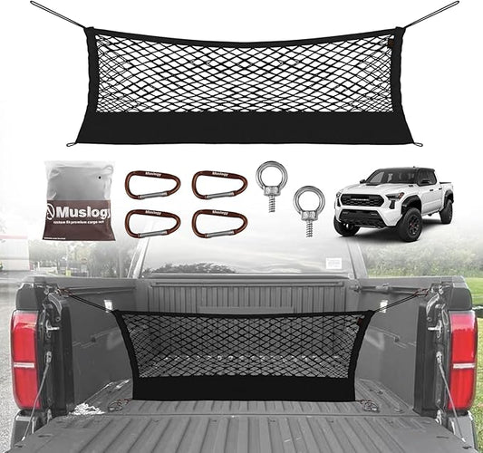 Muslogy Truck Bed Cargo Net Trunk Netting Compatible with 2024 2025 2026 Toyota Tacoma Accessories, Pickup Cargo Organizer SUV Sedan Storage Net w/Heavy Duty Carabiners