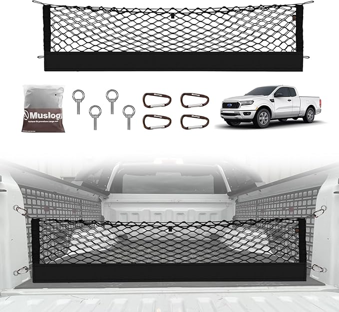 Muslogy Truck Bed Cargo Net Trunk Netting Compatible with Ford Ranger 2019-2023 Accessories, Pickup Cargo Organizer SUV Sedan Storage Net w/Heavy Duty Carabiners