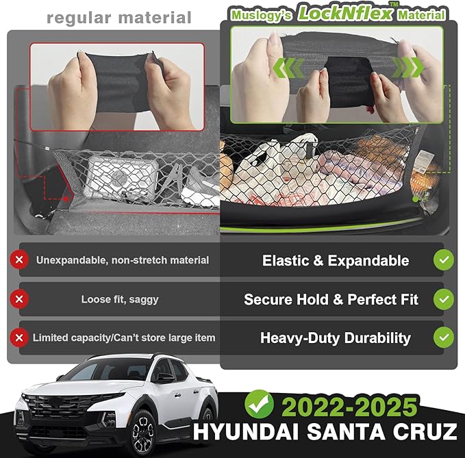 Muslogy Truck Bed Cargo Net Trunk Netting Compatible with Hyundai Santa Cruz 2022-2026 Accessories, Pickup Cargo Organizer SUV Sedan Storage Net w/Heavy Duty Carabiners