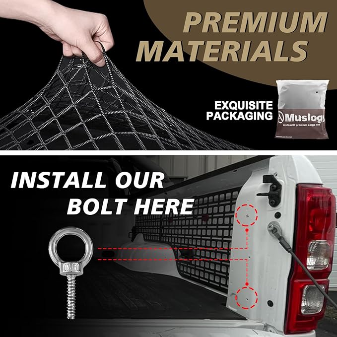 Muslogy Truck Bed Cargo Net Trunk Netting Compatible with Ford Ranger 2019-2023 Accessories, Pickup Cargo Organizer SUV Sedan Storage Net w/Heavy Duty Carabiners