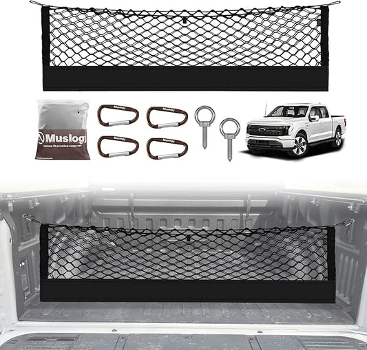 Muslogy Truck Bed Cargo Net Trunk Netting Compatible with Ford F-150 & Lightning 2015-2026 Accessories, Pickup Cargo Organizer SUV Sedan Storage Net w/Heavy Duty Carabiners