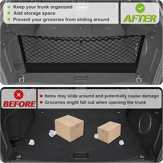 Muslogy Truck Bed Cargo Net Trunk Netting Compatible with 2015-2021 Jeep Grand Cherokee (WK2 ONLY) Accessories, Pickup Cargo Organizer SUV Sedan Storage Net w/Heavy Duty Carabiners