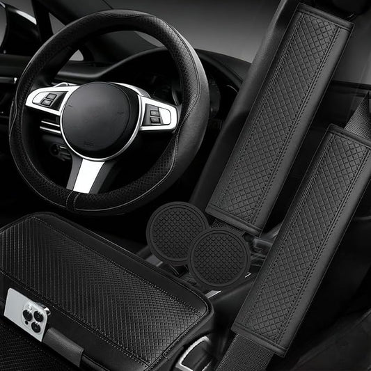 NBTEPEM 6 PCS Car Steering Wheel Cover Set, Microfiber Leather Steering Wheel Covers Universal 14.5-15 inch, Center Console Cover, Seat Belt Cushion, Cup Holder Coaster, Car Accessories Set Black