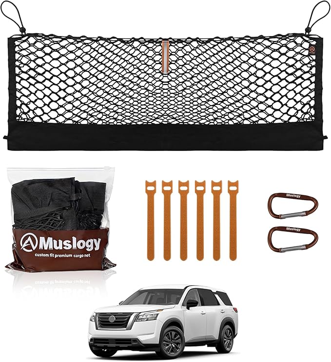 Muslogy Truck Bed Cargo Net Trunk Netting Compatible with 2022-2025 2026 Nissan Pathfinder Accessories, Pickup Cargo Organizer SUV Sedan Storage Net w/Heavy Duty Carabiners