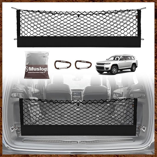 Muslogy Truck Bed Cargo Net Trunk Netting Compatible with 2021-2025 2026 Jeep Grand Cherokee L (3-Row GCL) Accessories, Pickup Cargo Organizer SUV Sedan Storage Net w/Heavy Duty Carabiners