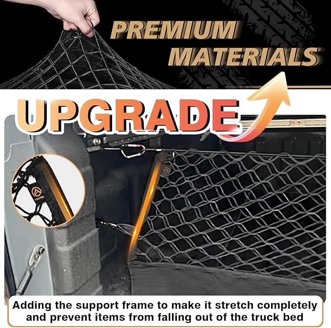 Muslogy Truck Bed Cargo Net Trunk Netting Compatible with Nissan Frontier 2022-2025 2026 (Extra Support Frame) Accessories, Pickup Cargo Organizer SUV Sedan Storage Net w/Heavy Duty Carabiners