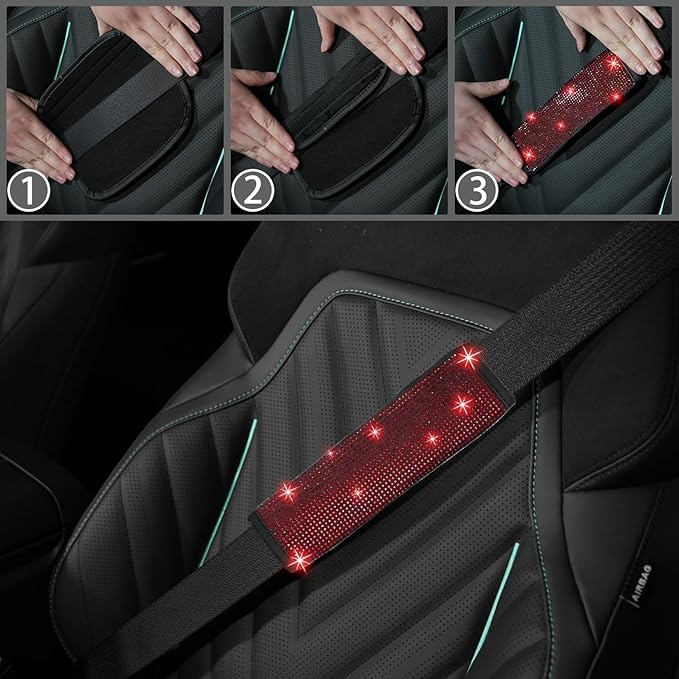 NBTEPEM 12 Pcs Bling Car Accessories Set for Women Car Floor Mats Full Set Steering Wheel Cover Seat Belt Covers Coasters Universal Fit Car SUV Truck Van Red