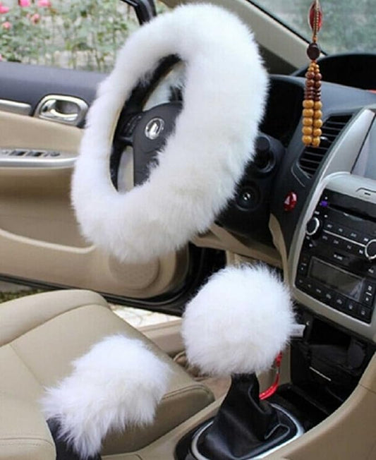 Yontree Fashion Fluffy Steering Wheel Covers for Women/Girls/Ladies Australia Pure Wool 15 Inch 1 Set 3 Pcs (White)