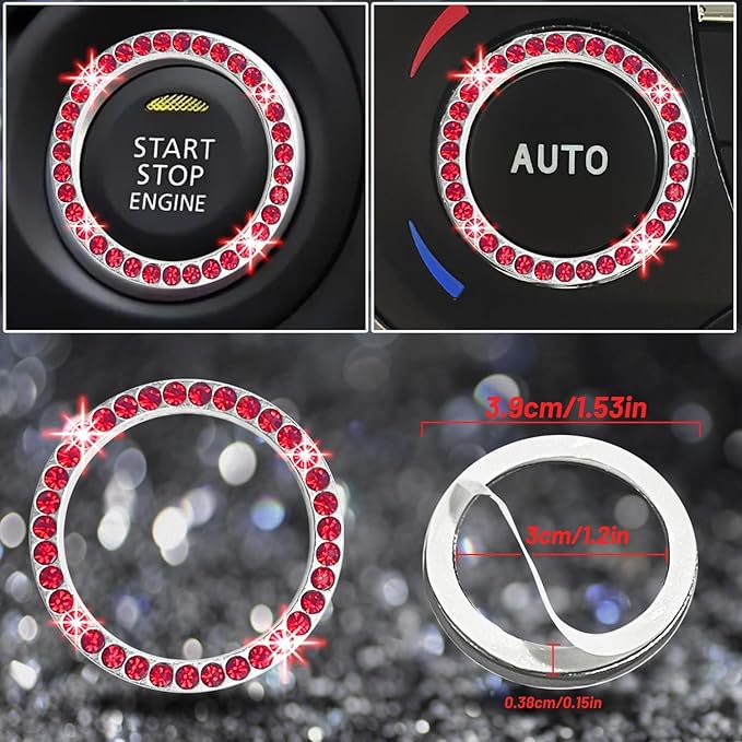 NBTEPEM 12 Pcs Bling Car Accessories Set for Women Car Floor Mats Full Set Steering Wheel Cover Seat Belt Covers Coasters Universal Fit Car SUV Truck Van Red