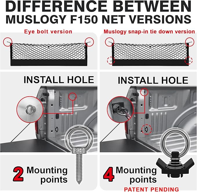 Muslogy Truck Bed Cargo Net Trunk Netting Compatible with Ford F-150 & Lightning 2015-2026 Accessories, Pickup Cargo Organizer SUV Sedan Storage Net w/Heavy Duty Carabiners