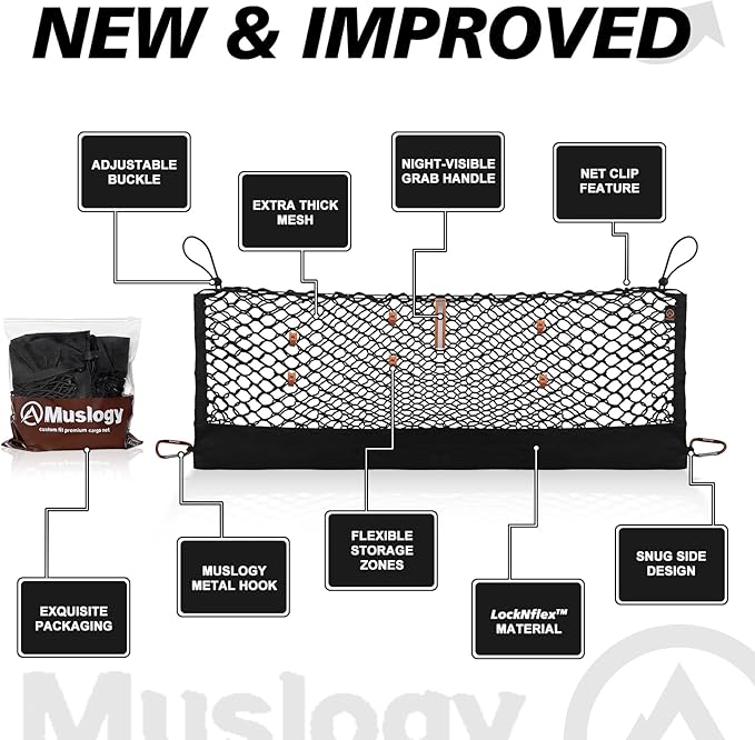 Muslogy Truck Bed Cargo Net Trunk Netting Compatible with 2020-2024 Subaru Forester Accessories, Pickup Cargo Organizer SUV Sedan Storage Net w/Heavy Duty Carabiners