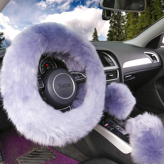 Yontree Fashion Fluffy Steering Wheel Covers for Women/Girls/Ladies Australia Pure Wool 15 Inch 1 Set 3 Pcs (Gray)