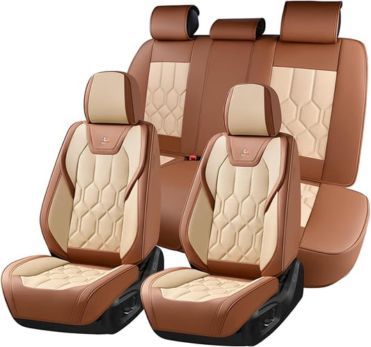 Huidasource Seat Covers Full Set, Universal Fit for Most Cars SUVs Trucks, Full Coverage Leather Seat Cover, Airbag, Cupholder Compatible, Seat Function Retain, Easy Install with Velcro, Brown&Beige