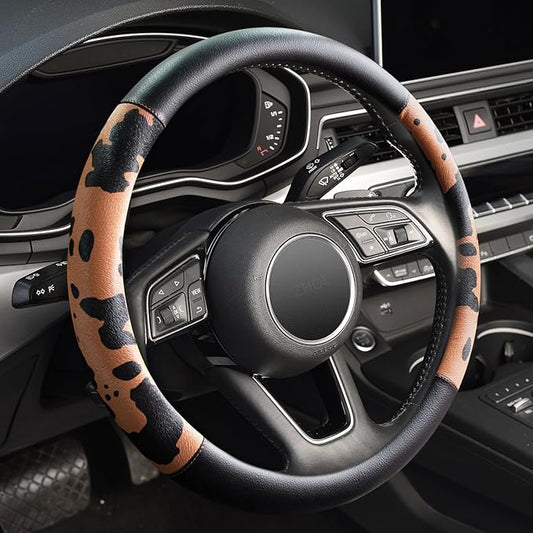 Cow Print Car Steering Wheel Covers, Breathable Microfiber Leather for Women and Men, Universal 15 inch Anti-Slip Steering Wheel Protector, Black Brown
