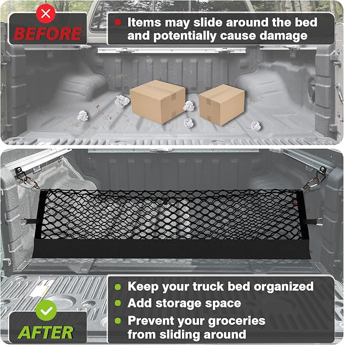 Muslogy Truck Bed Cargo Net Trunk Netting Compatible with Nissan Frontier 2022-2025 2026 (Extra Support Frame) Accessories, Pickup Cargo Organizer SUV Sedan Storage Net w/Heavy Duty Carabiners