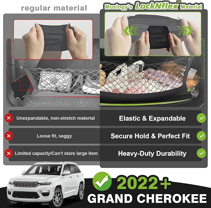 Muslogy Truck Bed Cargo Net Trunk Netting Compatible with 2022-2025 2026 Jeep Grand Cherokee (2-Row) Accessories, Pickup Cargo Organizer SUV Sedan Storage Net w/Heavy Duty Carabiners