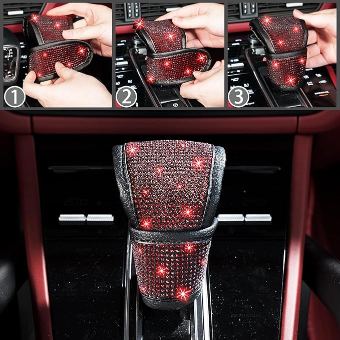 NBTEPEM 12 Pcs Bling Car Accessories Set for Women Car Floor Mats Full Set Steering Wheel Cover Seat Belt Covers Coasters Universal Fit Car SUV Truck Van Red
