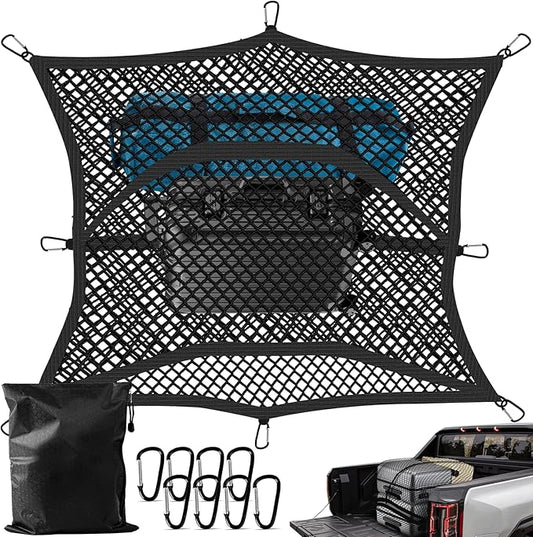 Truck Bed Cargo Net, High Elastic Cargo Net with Storage Bag and 8 rustproof Buckles, Stretchable from 4'x4' to 7'x7' Ideal for ATV, SUV, UTV, Truck and Boat Use, Double Layer