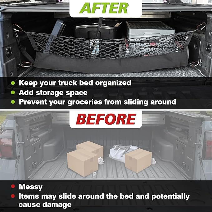 Muslogy Truck Bed Cargo Net Trunk Netting Compatible with Hyundai Santa Cruz 2022-2026 Accessories, Pickup Cargo Organizer SUV Sedan Storage Net w/Heavy Duty Carabiners