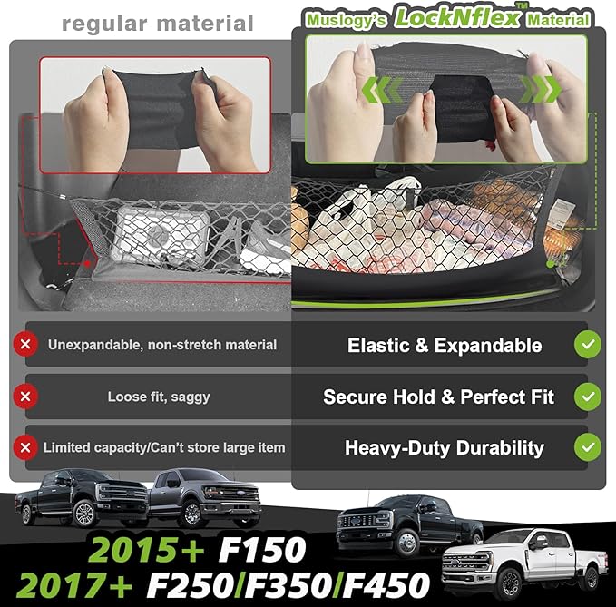 Muslogy Truck Bed Cargo Net Trunk Netting Compatible with 2015+ Ford F150 & 2017+ F250/F350/F450 (Snap-in Tie Down) Accessories, Pickup Cargo Organizer SUV Sedan Storage Net w/Heavy Duty Carabiners