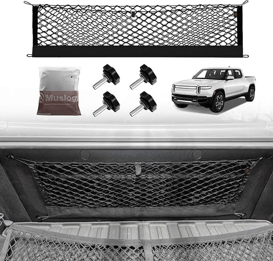 Muslogy Truck Bed Cargo Net Trunk Netting Compatible with Rivian R1T 2026 2025 2024 2023 2022 Accessories, Pickup Cargo Organizer SUV Sedan Storage Net w/Heavy Duty Carabiners