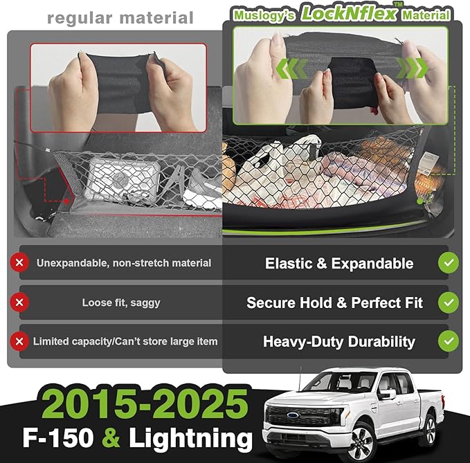 Muslogy Truck Bed Cargo Net Trunk Netting Compatible with Ford F-150 & Lightning 2015-2026 Accessories, Pickup Cargo Organizer SUV Sedan Storage Net w/Heavy Duty Carabiners