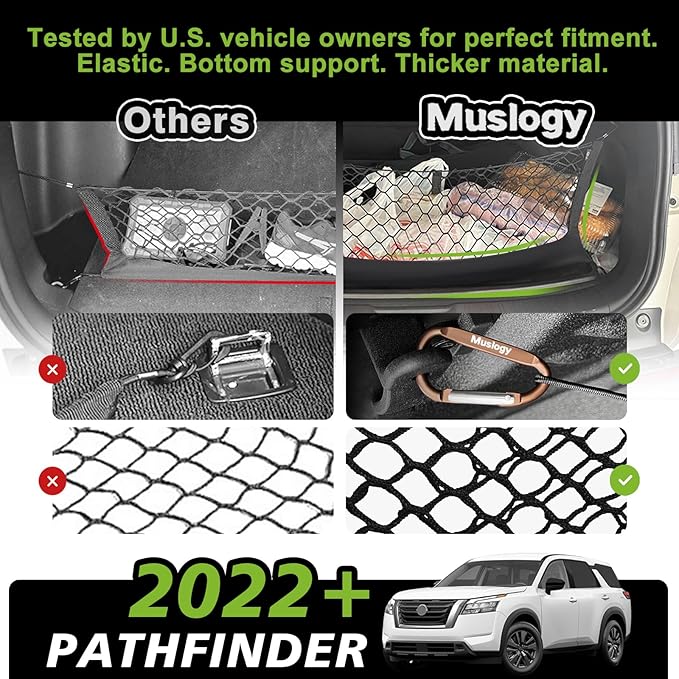 Muslogy Truck Bed Cargo Net Trunk Netting Compatible with 2022-2025 2026 Nissan Pathfinder Accessories, Pickup Cargo Organizer SUV Sedan Storage Net w/Heavy Duty Carabiners