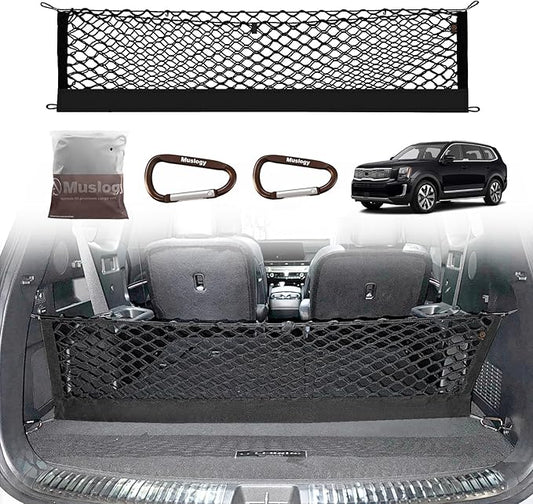 Muslogy Trunk Cargo Net Compatible with 2020-2025 2026 Kia Telluride Accessories, SUV Sedan Cargo Organizer Storage Net with Heavy Duty Carabiners