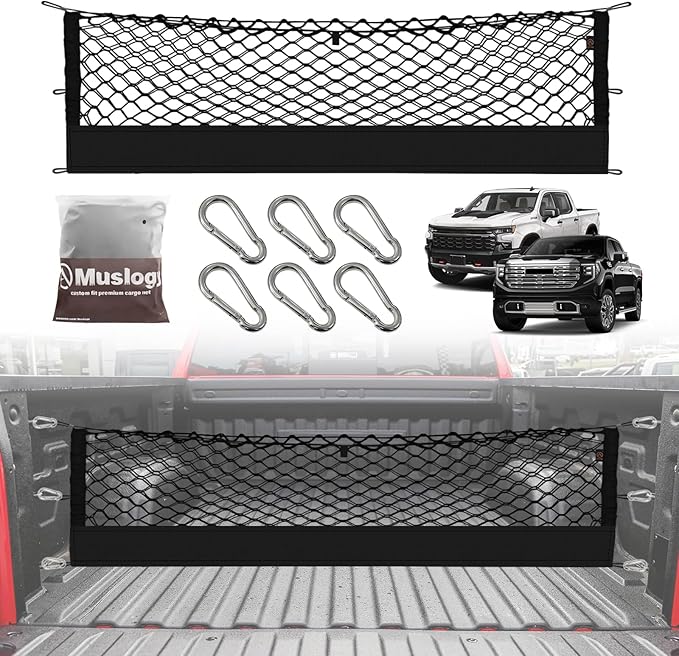 Muslogy Truck Bed Cargo Net Trunk Netting Compatible with 2013-2026 Chevy Silverado & GMC Sierra 1500/2500HD/3500HD Accessories, Pickup Cargo Organizer SUV Sedan Storage Net w/Heavy Duty Carabiners