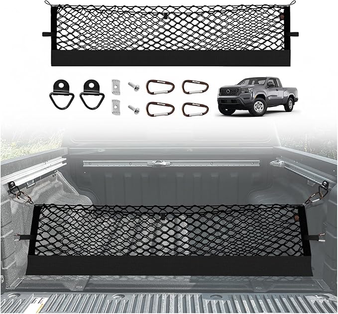 Muslogy Truck Bed Cargo Net Trunk Netting Compatible with Nissan Frontier 2022-2025 2026 (Extra Support Frame) Accessories, Pickup Cargo Organizer SUV Sedan Storage Net w/Heavy Duty Carabiners