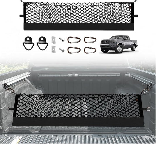 Muslogy Truck Bed Cargo Net Trunk Netting Compatible with Nissan Frontier 2022-2025 2026 (Extra Support Frame) Accessories, Pickup Cargo Organizer SUV Sedan Storage Net w/Heavy Duty Carabiners