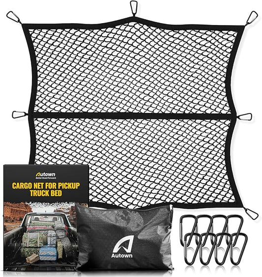 AUTOWN Cargo Net for Pickup Truck Bed - Stretchable 4'x4' to 7'x7', High Elastic Fine Mesh 1''x1'' with 8 Metal Carabiners - Ideal for ATV, SUV, UTV, Truck and Boat Use (Single Layer)