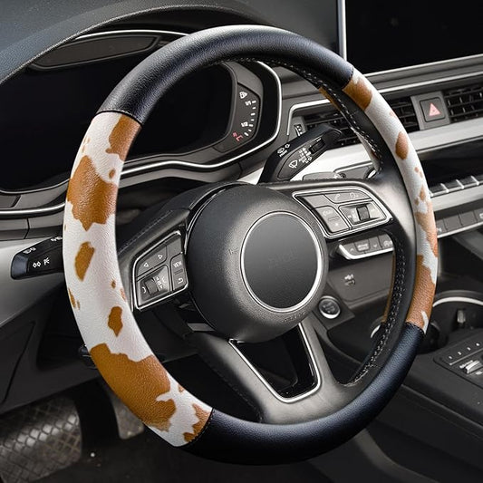 Cow Print Car Steering Wheel Covers, Breathable Microfiber Leather for Women and Men, Universal 15 inch Anti-Slip Steering Wheel Protector, Black Yellow
