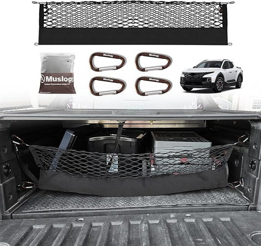 Muslogy Truck Bed Cargo Net Trunk Netting Compatible with Hyundai Santa Cruz 2022-2026 Accessories, Pickup Cargo Organizer SUV Sedan Storage Net w/Heavy Duty Carabiners
