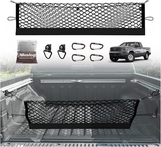 Muslogy Truck Bed Cargo Net Compatible with Nissan Frontier 2022-2025 2026 Accessories, Pickup Truck Bed Cargo Organizer Storage Net with Heavy Duty Carabiners