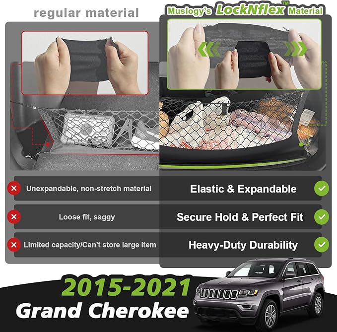 Muslogy Truck Bed Cargo Net Trunk Netting Compatible with 2015-2021 Jeep Grand Cherokee (WK2 ONLY) Accessories, Pickup Cargo Organizer SUV Sedan Storage Net w/Heavy Duty Carabiners