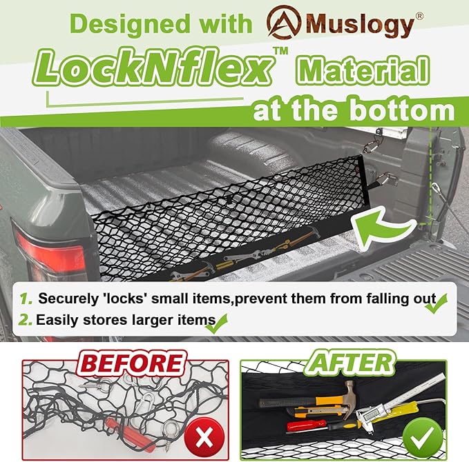 Muslogy Truck Bed Cargo Net Trunk Netting Compatible with Nissan Frontier 2022-2025 2026 (Extra Support Frame) Accessories, Pickup Cargo Organizer SUV Sedan Storage Net w/Heavy Duty Carabiners